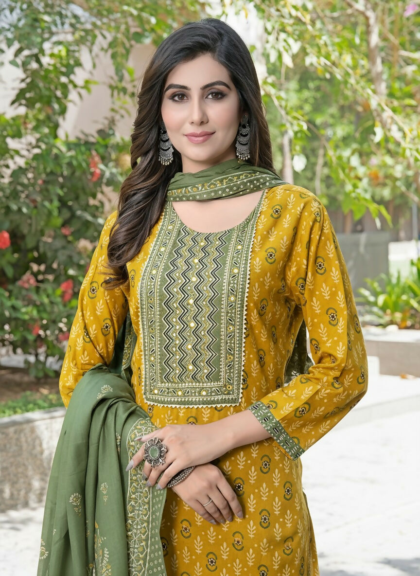 BulBul Aaliya Mustard Cotton Kurta Set with Dupatta - Swadesiicart