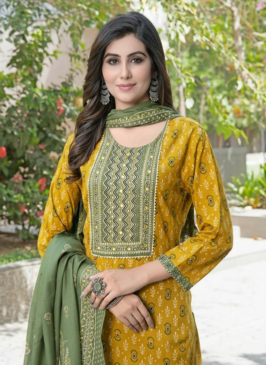 BulBul Aaliya Mustard Cotton Kurta Set with Dupatta - Swadesiicart