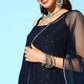 Ahalyaa Women Navy Blue Colour Crepe Foil Printed Kurta Sharara Set With Dupatta - Swadesiicart