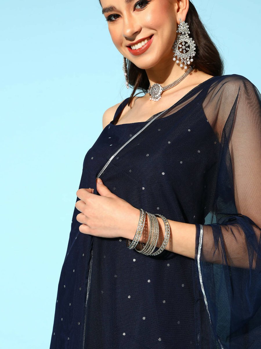 Ahalyaa Women Navy Blue Colour Crepe Foil Printed Kurta Sharara Set With Dupatta - Swadesiicart