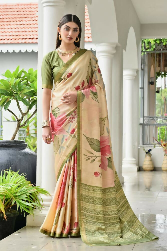 Vishnu Weaves Women's Mahendi Satin Silk Printed Saree with Blouse - Swadesiicart