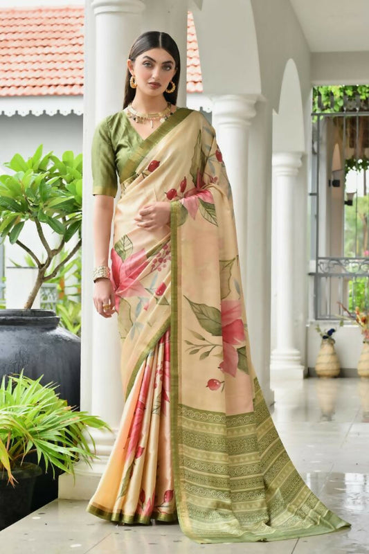 Vishnu Weaves Women's Mahendi Satin Silk Printed Saree with Blouse - Swadesiicart