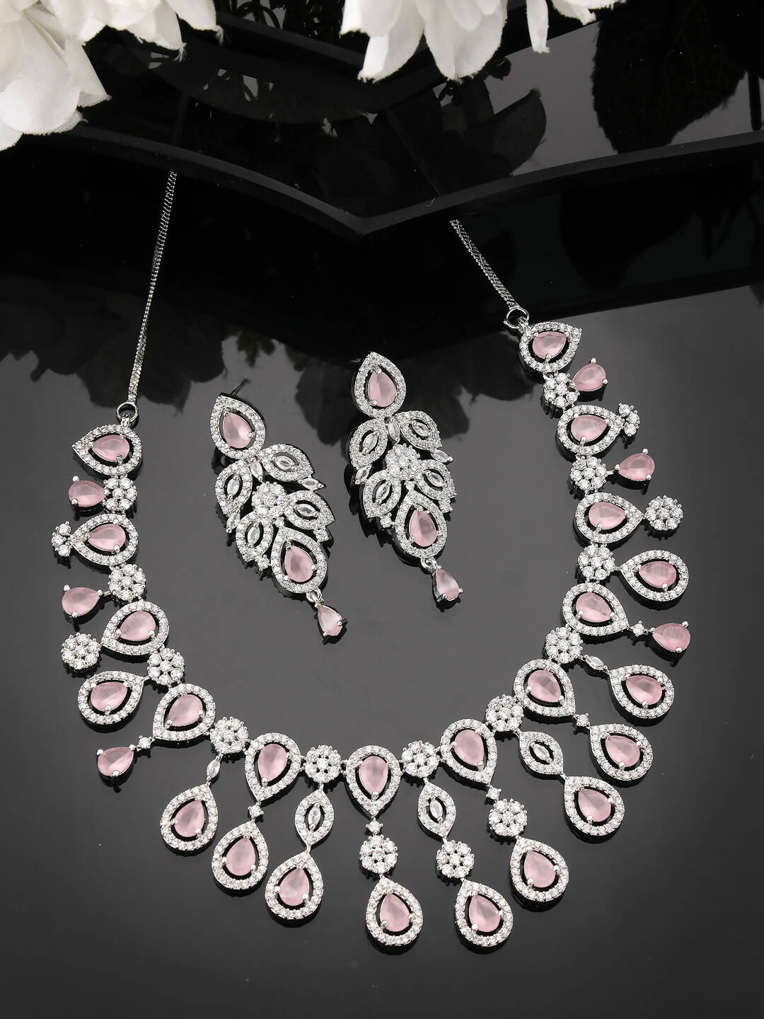 NVR Women Silver Plated & Pink Cz Stone Handcrafted Jewellery Set - Swadesiicart