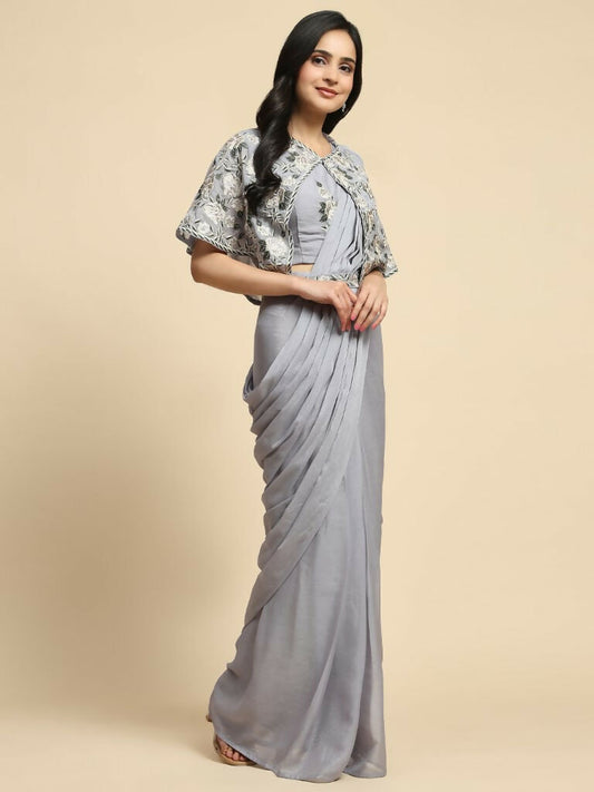 Grey Chiffon Solid Ready to wear Saree with stitched Blouse - Aayan | Swadesiicart