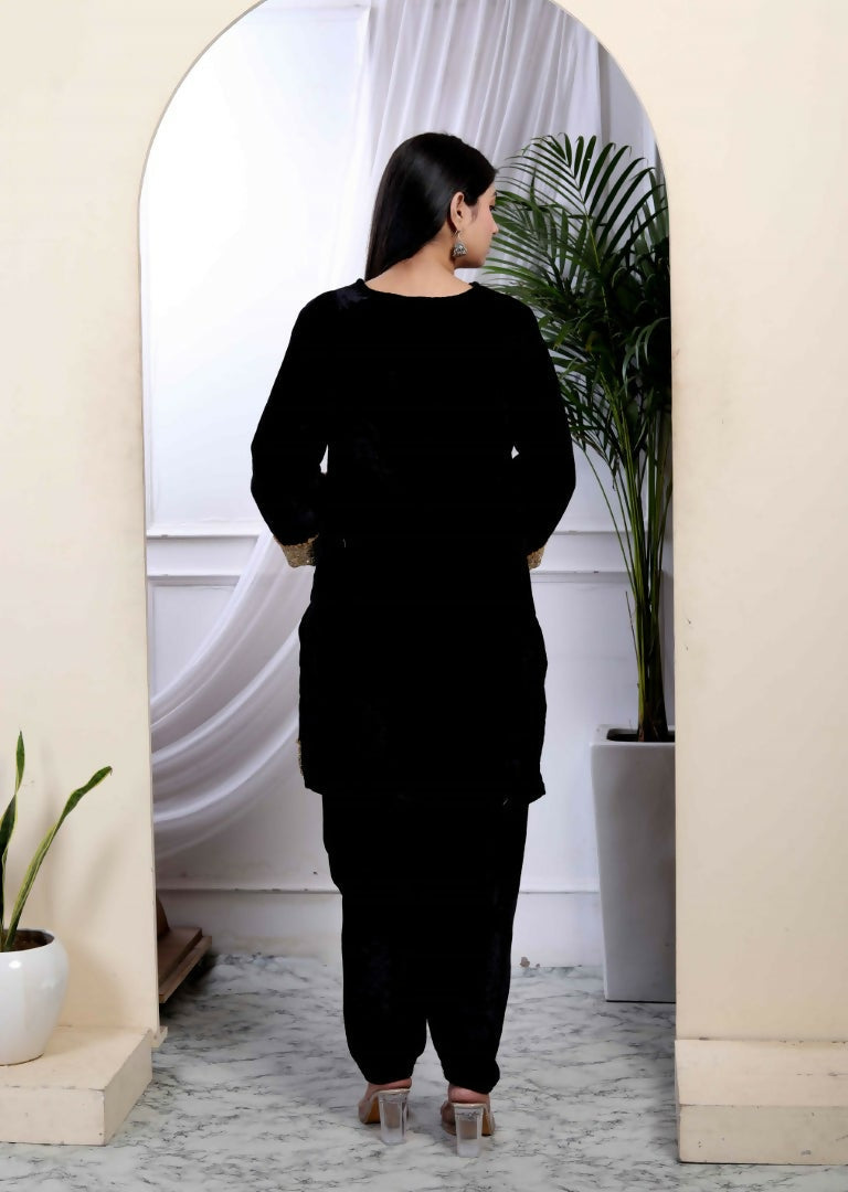 Miravan Women's Black Velvet Dreams Embroidered Co-ord Set - Swadesiicart