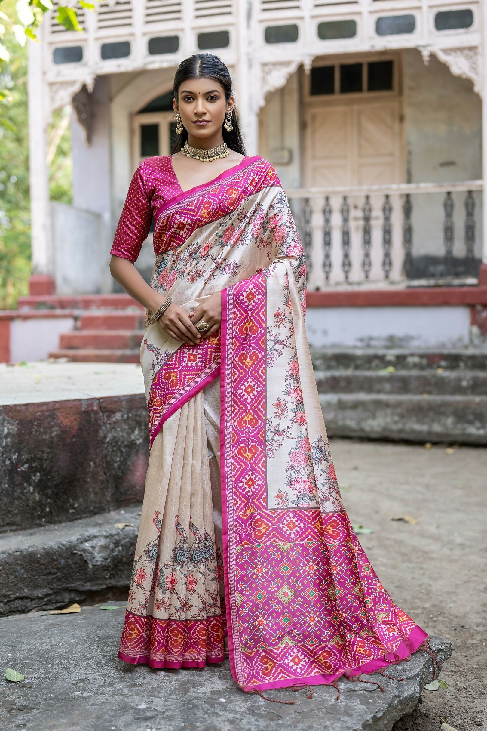 Vishnu Weaves Women's Rani Soft Tussar Silk Small Zari Woven Border Saree with Blouse - Swadesiicart