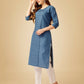 Jyoti Fashion Women's Denim Blue Cotton Blend Embroidered Kurta Pant Set | Swadesiicart