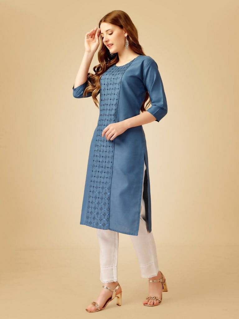 Jyoti Fashion Women's Denim Blue Cotton Blend Embroidered Kurta Pant Set | Swadesiicart