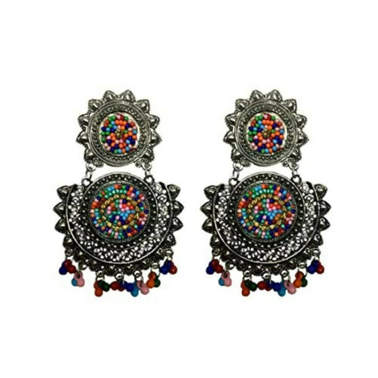 Tiaraa Multicolor Beaded Silver Oxidised Fashion Earrings