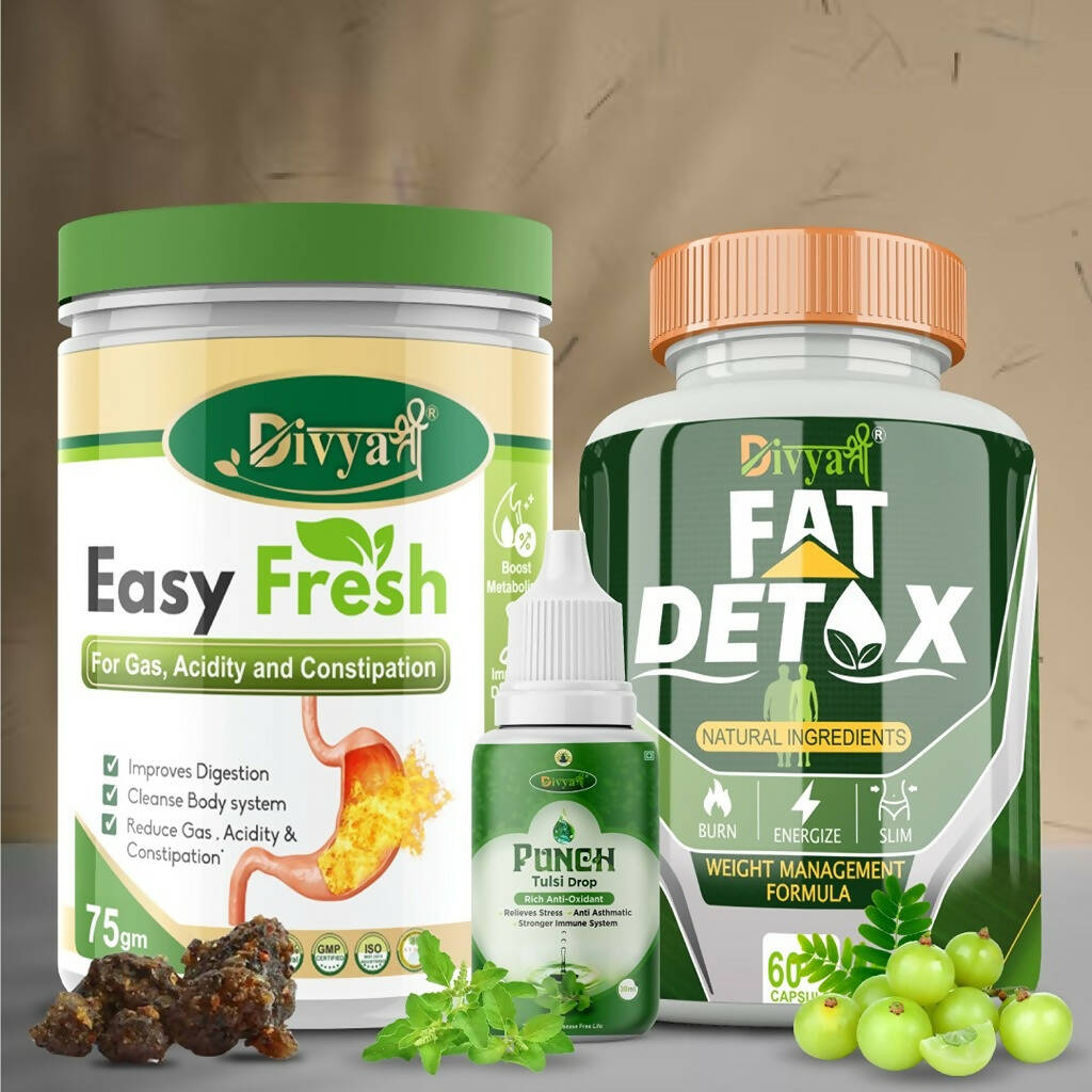 Divya Shree Fat Detox Capsule + Easy Fresh Powder & Punch Tulsi Drop Gas Combo Kit - Swadesiicart