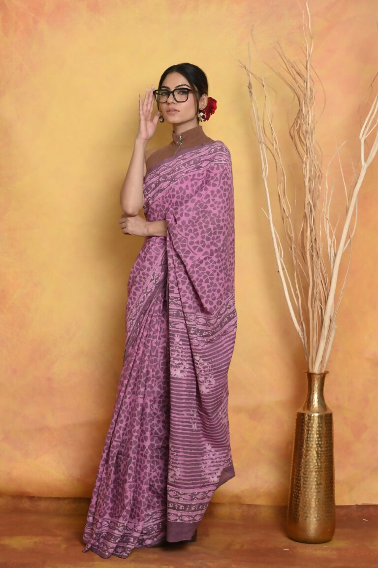 Very Much Indian Handblock Printed Cotton Saree With Natural Dyes - Pink | Swadesiicart