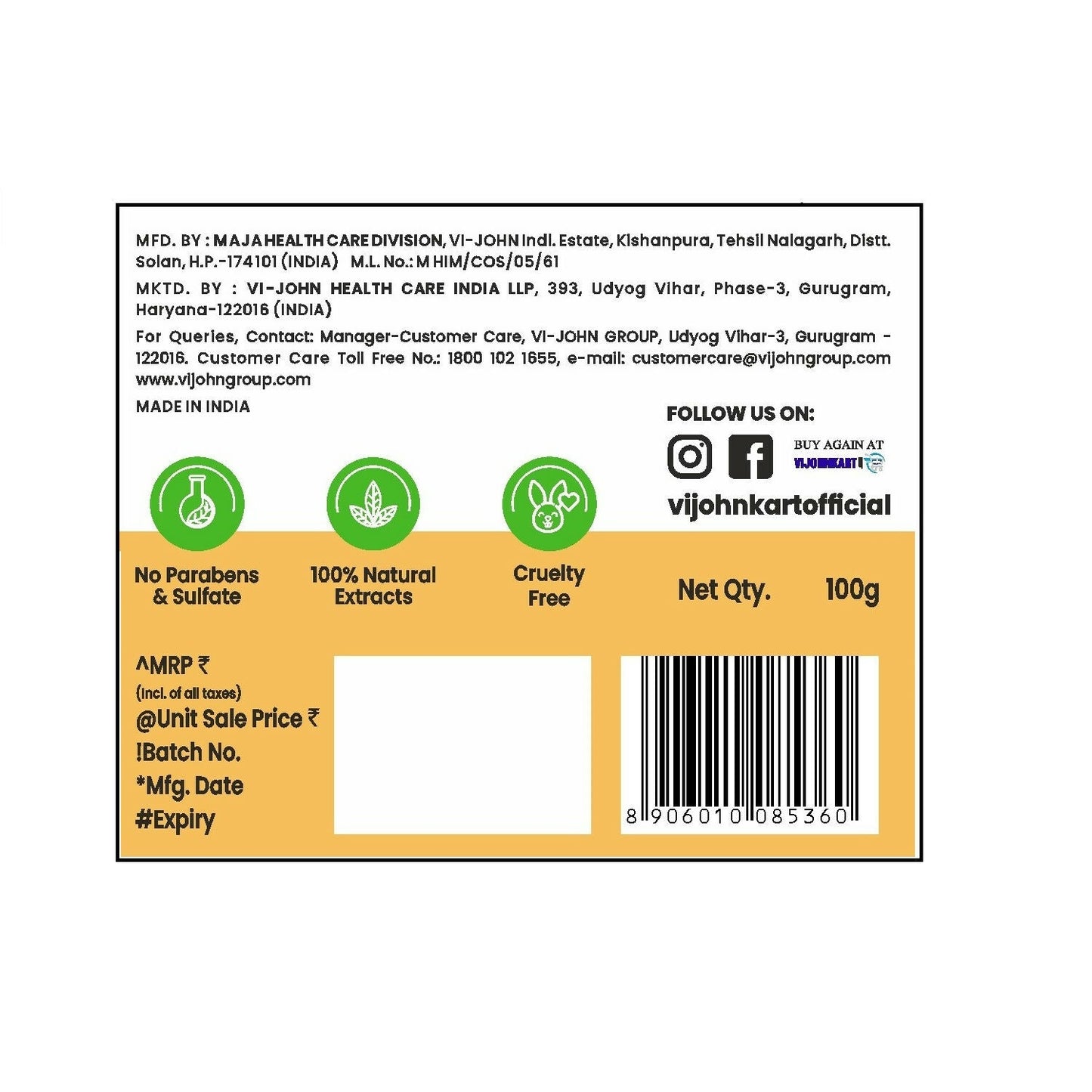 VI-JOHN Prakritik Yogurt & Honey Face Pack Restoresgmlow, Made With 100% Natural Bio Actives | Swadesiicart