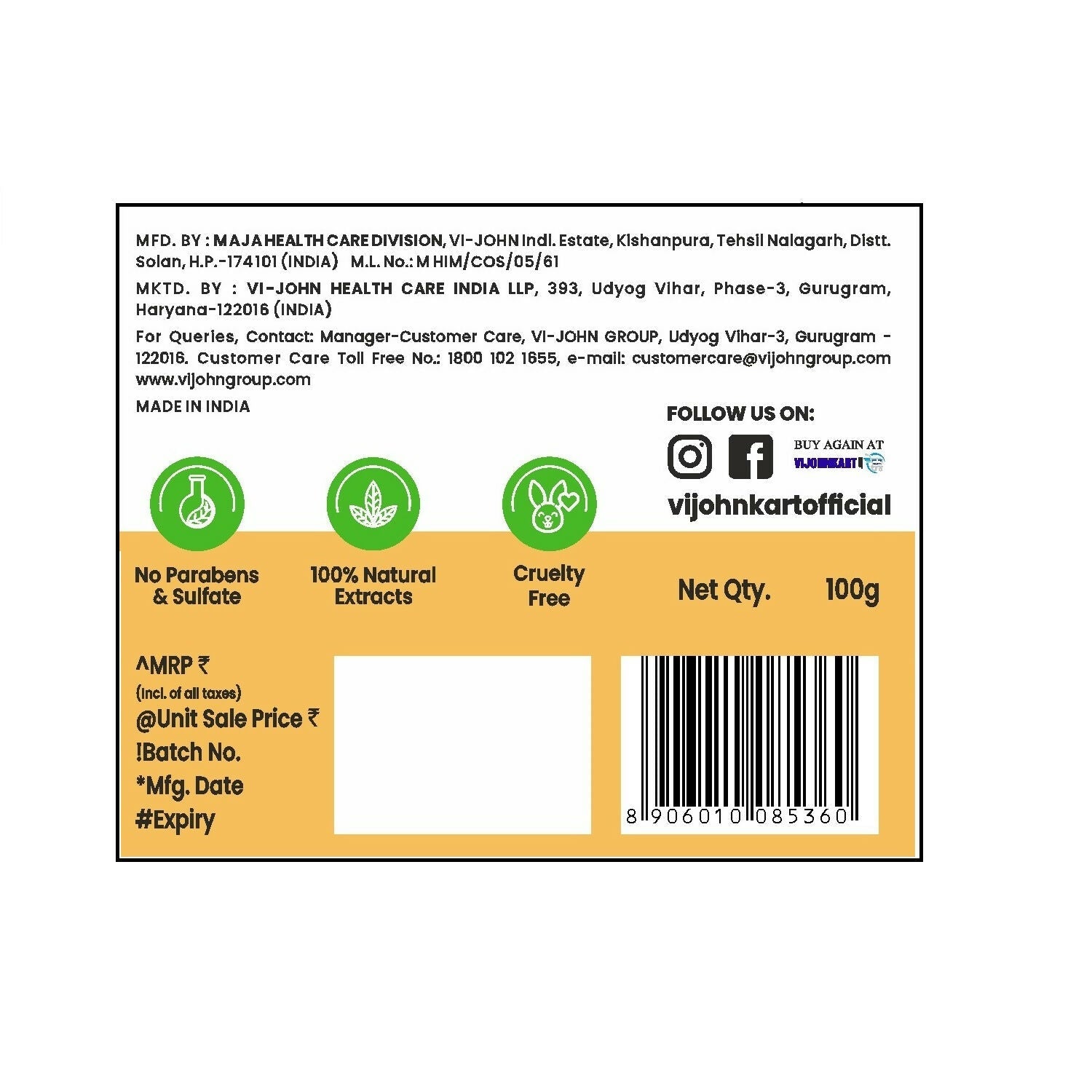VI-JOHN Prakritik Yogurt & Honey Face Pack Restoresgmlow, Made With 100% Natural Bio Actives | Swadesiicart