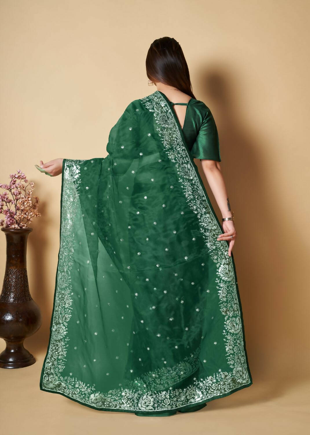 Vamsee Green Organza Saree - Swadesiicart