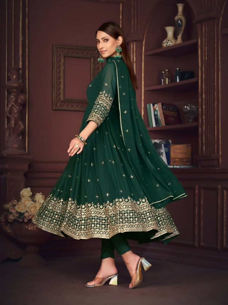 Jyoti Fashion Women's Golden & Bottle Green Georgette Embroidered Anarkali Kurta Pant Set With Dupatta | Swadesiicart