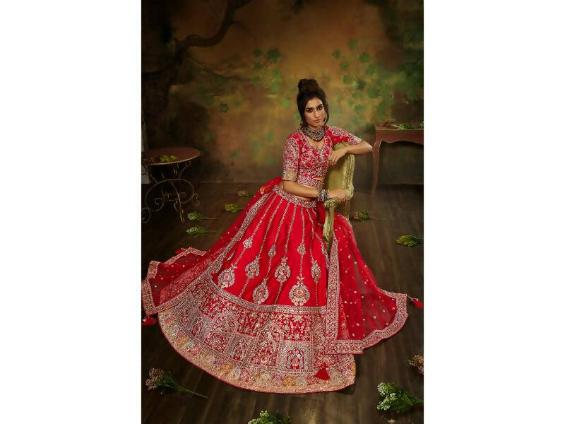 House of Panchhi Red Pure Silk Moti & Zarkan heavy embroidery Lehenga choli & Dupatta | Swadesiicart