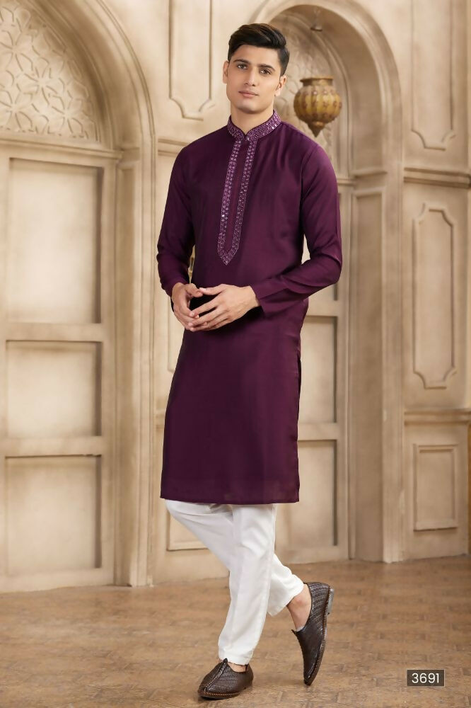 Raivat Ethnic Banarasi Art Silk Mirror Work Kurta Pajama In Wine Colour | Swadesiicart