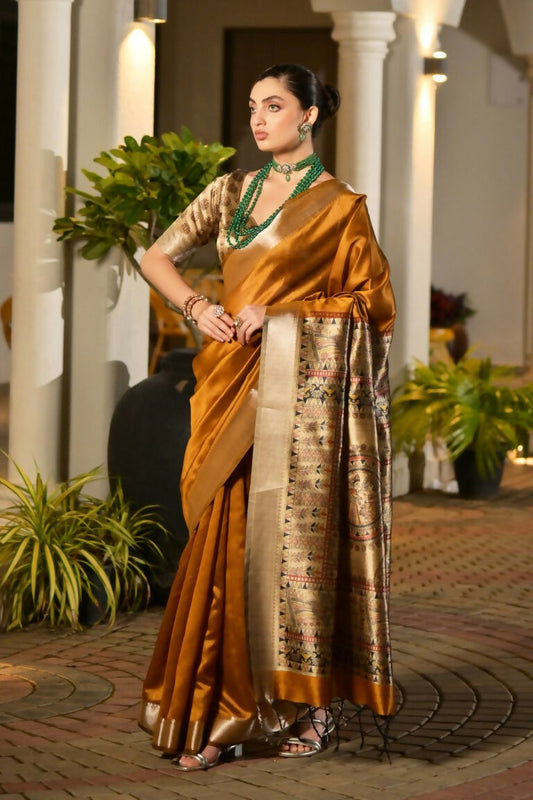 Vishnu Weaves Women's Yellow Soft Tussar Silk Printed Saree with Blouse - Swadesiicart