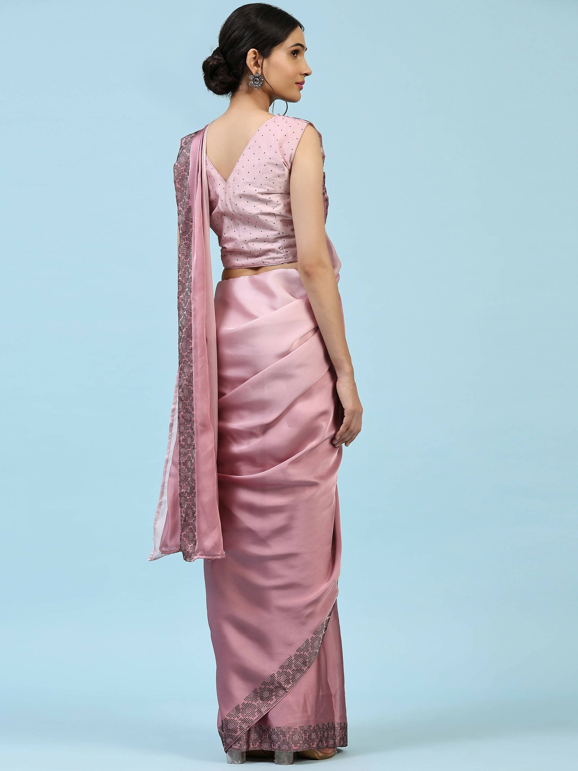 Purple Ombre Satin Georgette Plain Ready to wear Saree with stitched Blouse - Vrinda | Swadesiicart