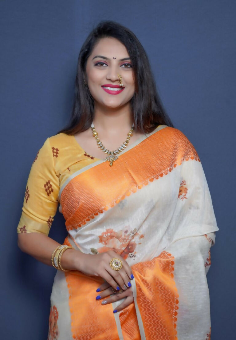 Jyoti Fashion Women's Orange Linen Silk Digital Print with Jacquard Woven Border Saree with Blouse | Swadesiicart