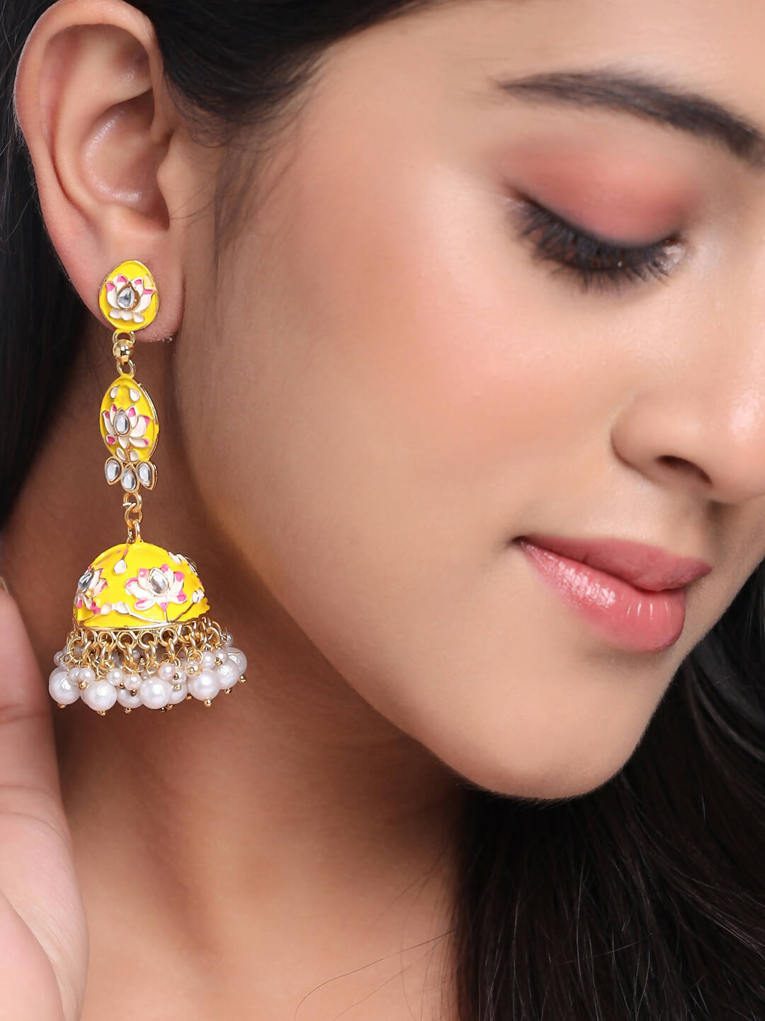 NVR Women Gold-Polished Yellow Jhumkas Earrings | Swadesiicart