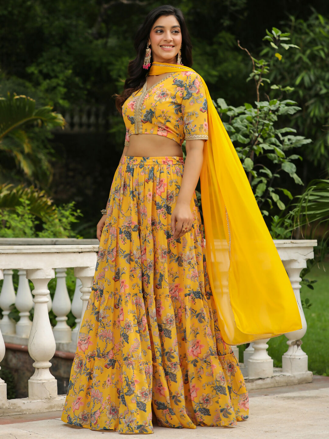 Janasya Yellow Georgette Floral Lehenga Choli Dupatta | Swadesiicart