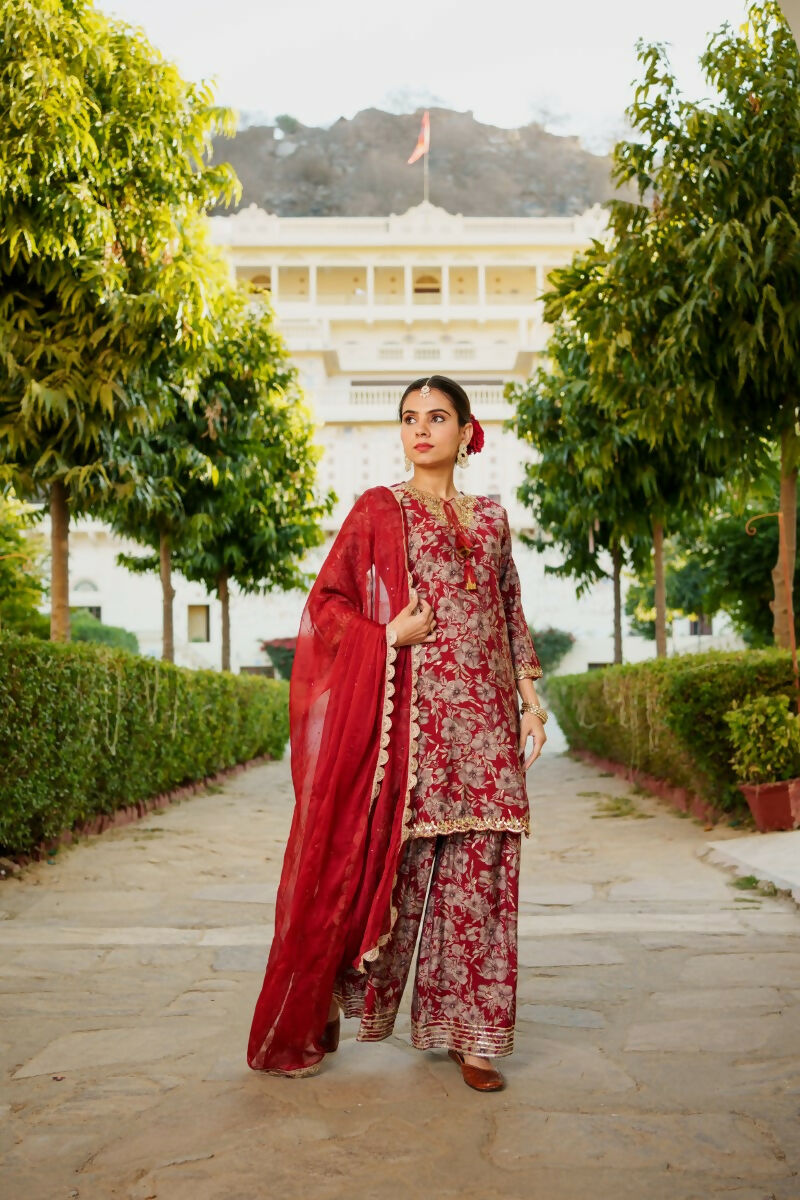 Vaasva Women Maroon Muslin Floral & Embroidered Cut Work Kurta ,Sharara & Dupatta set | Swadesiicart