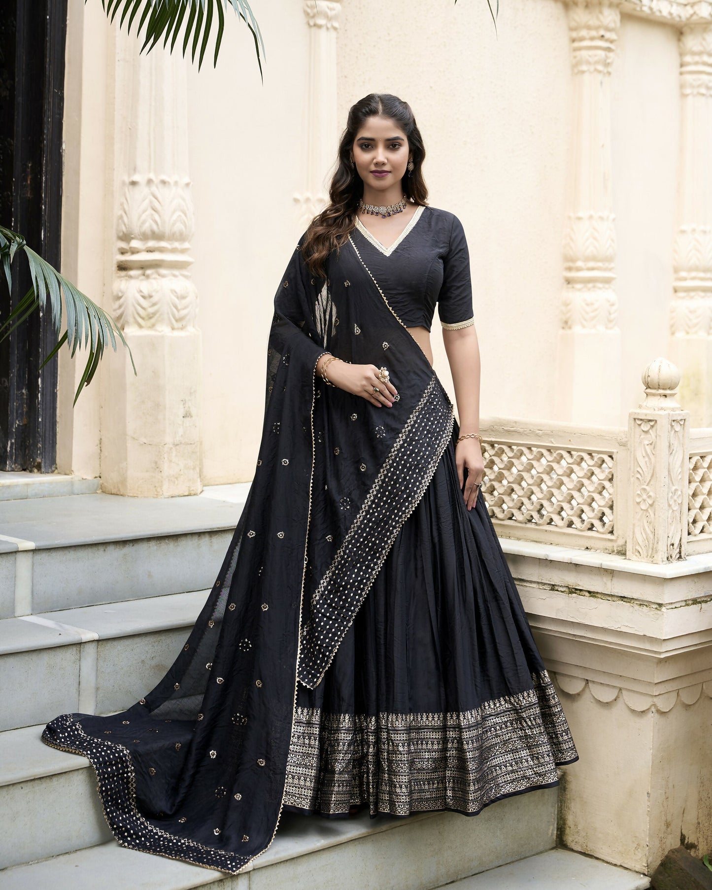 Lorenvalley Black Pure Chanderi Plain With Zari Weaving Work Border Lehenga Choli | Swadesiicart
