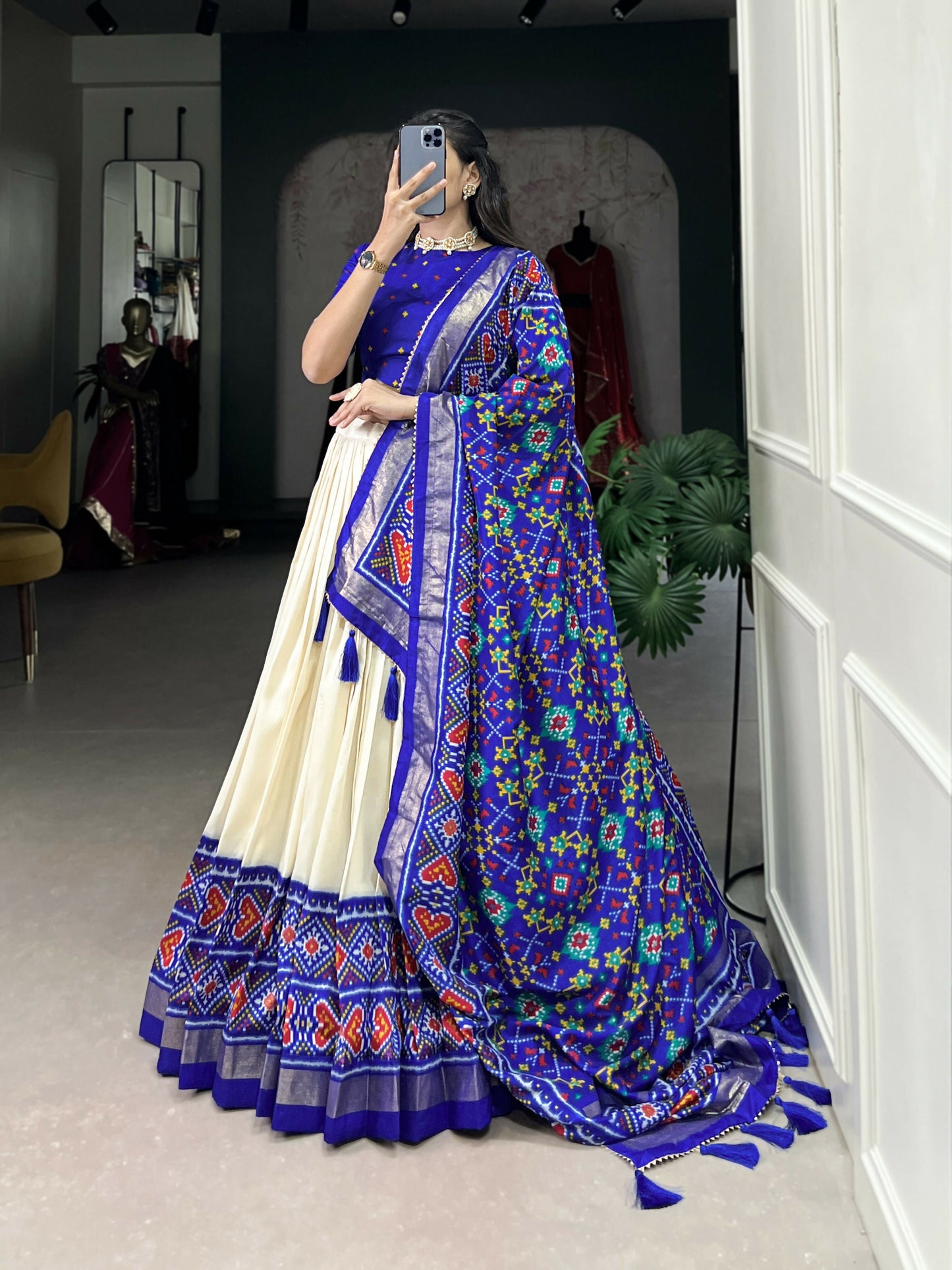 Lorenvalley Offwhite and Royalblue Tussar Silk Patola Print Lehenga Choli | Swadesiicart