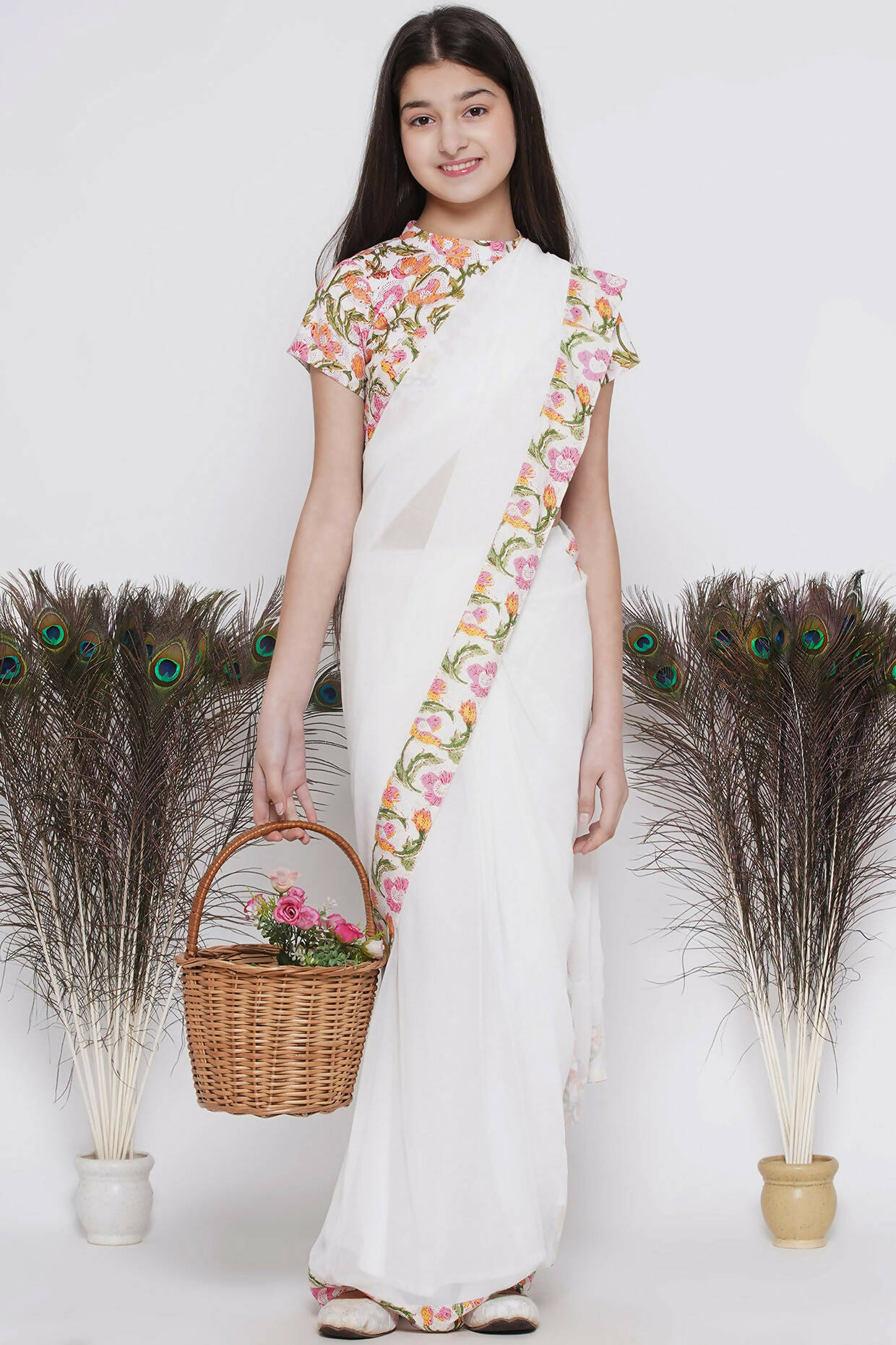 Little Bansi Floral Print Ready To Wear Saree And Floral Blouse - White | Swadesiicart