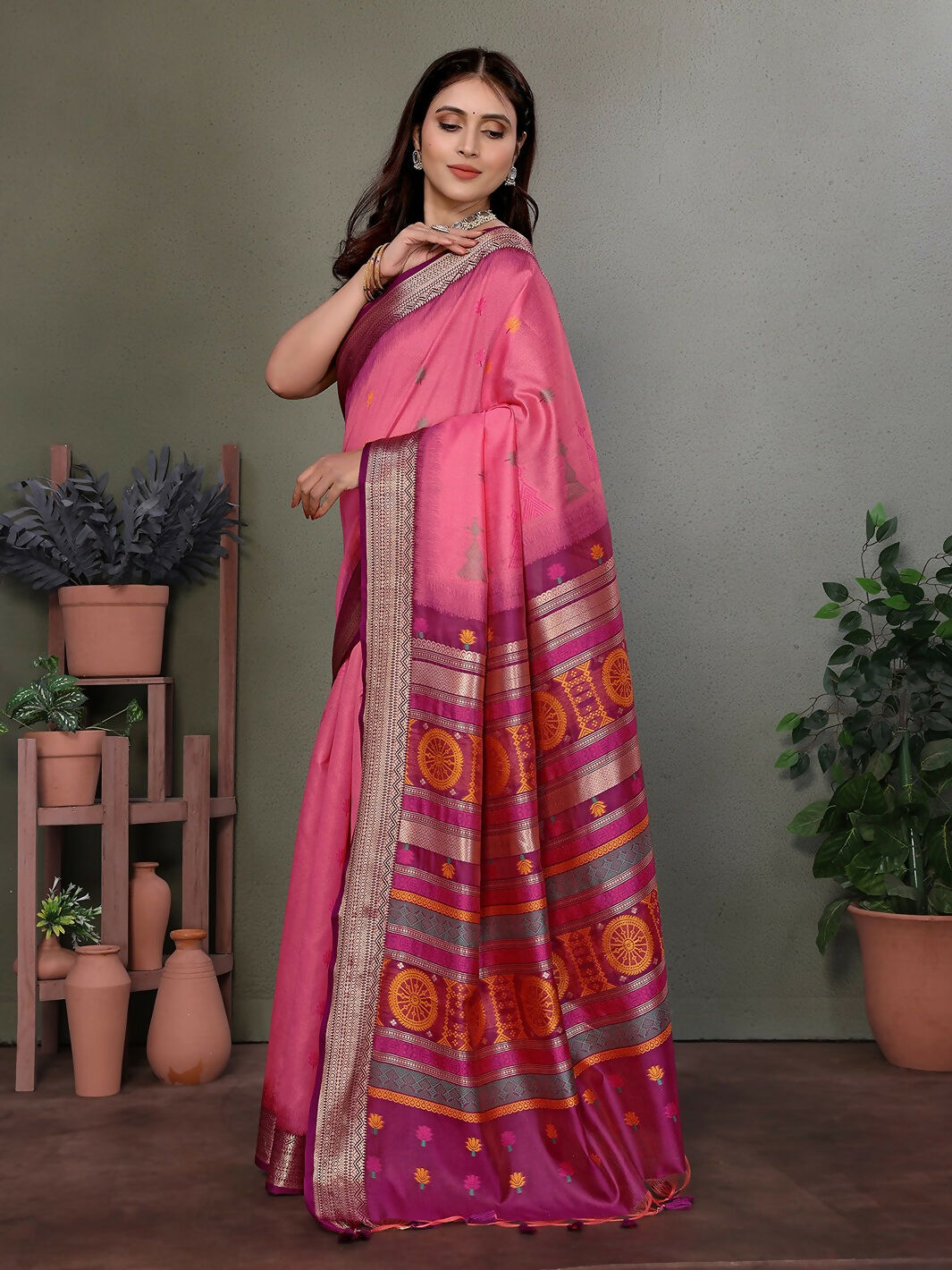 Joban Fashion Pink Floral Banarasi Silk Sarees | Swadesiicart