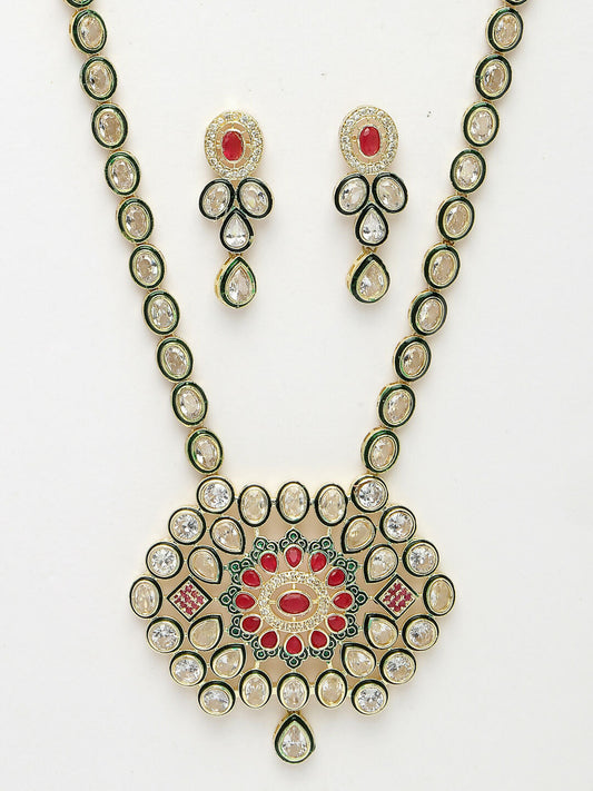 NVR Women's Red & Gold Kundan Studded Handcrafted Jewellery Set - Swadesiicart