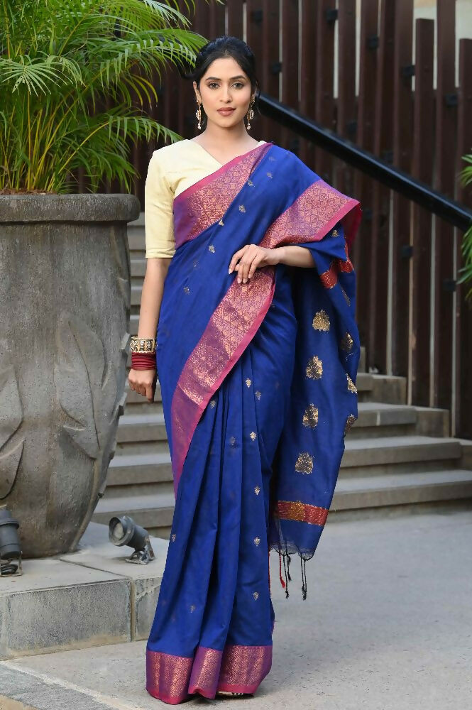 Beatitude Blue Cotton Banarasi Saree | Swadesiicart