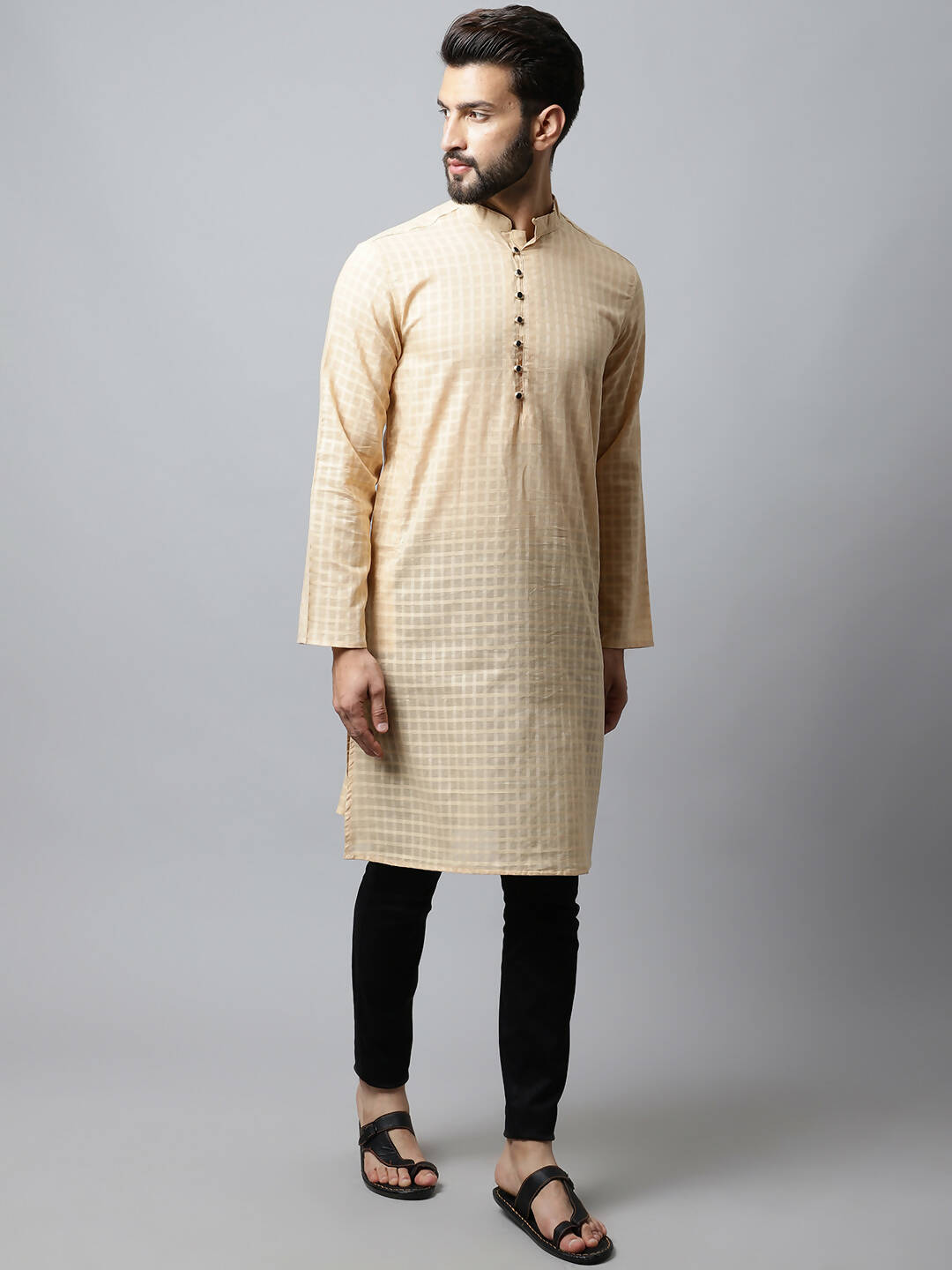 Even Apparels Beige Color Pure Cotton Men's Kurta With Side Placket (CHK1200) | Swadesiicart