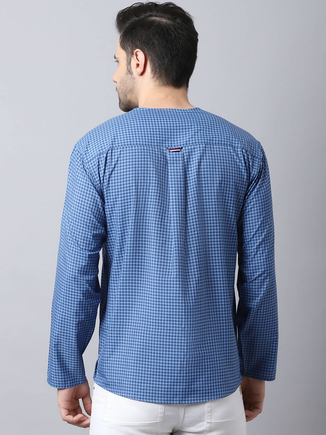 Even Apparels Blue Checked Men's Kurta With Band Collar | Swadesiicart
