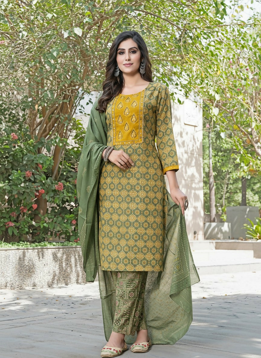 BulBul Aaliya Green Elegance Cotton Kurta Set with Embroidered Organza Dupatta - Swadesiicart