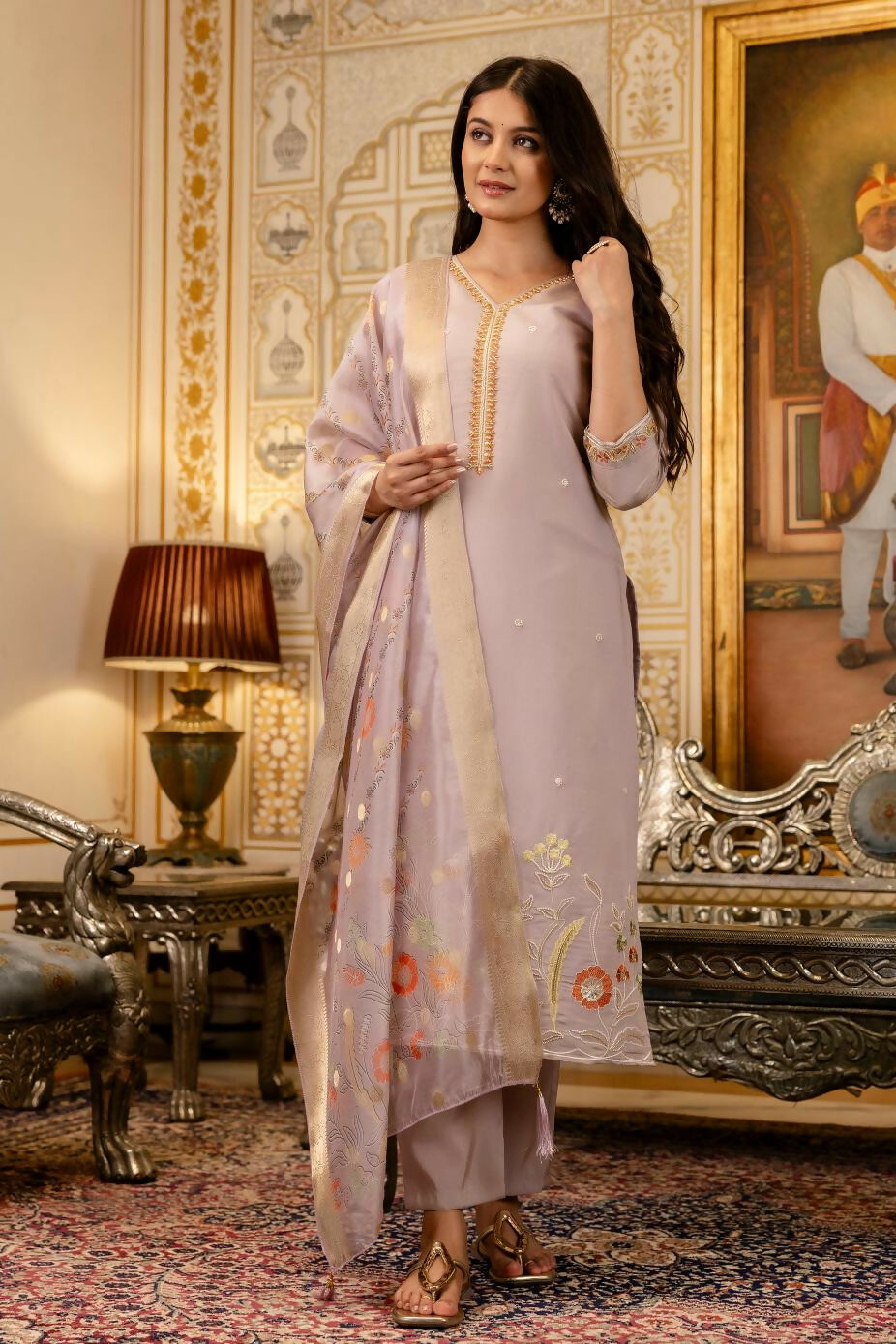 The52 Lavender Women's Beautiful Viscose Shimmer Fabric Embroidered Work Straight Kurta Pant and Dupatta Set - Swadesiicart