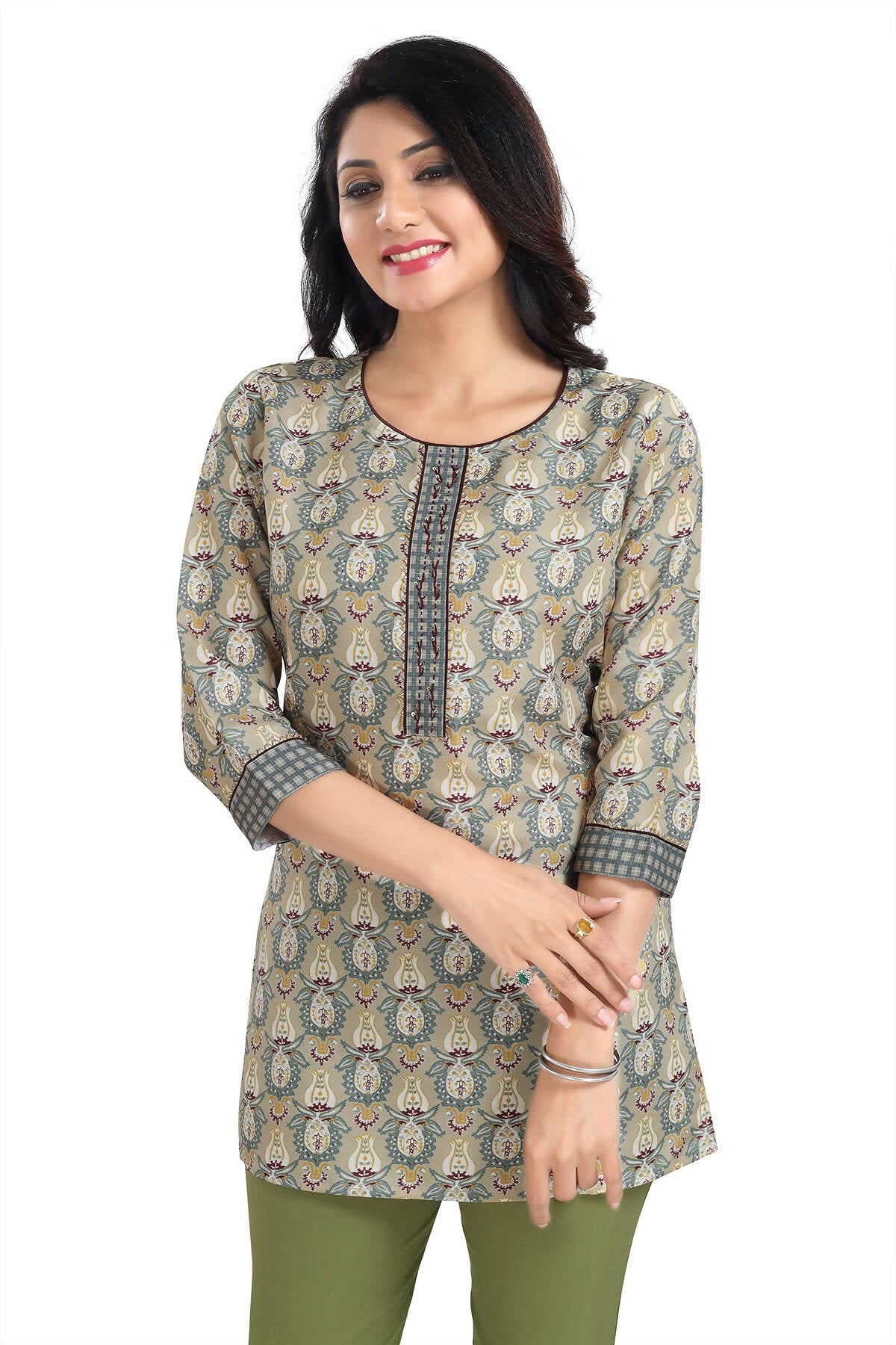 Snehal Creations Pretty Pastle Variyali Green Rayon Short Kurti Tunic Top - Snehal Creation Inc