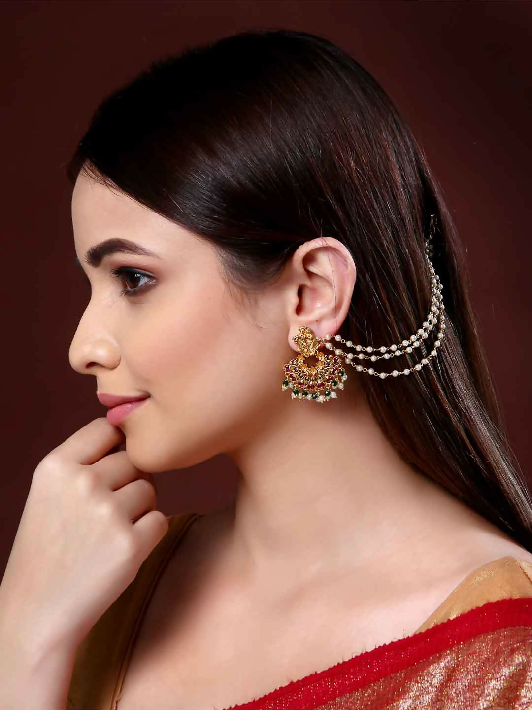 NVR Pearl Studded Classic Gold-Polished 3 Line Ear Chain Ear Cuff | Swadesiicart