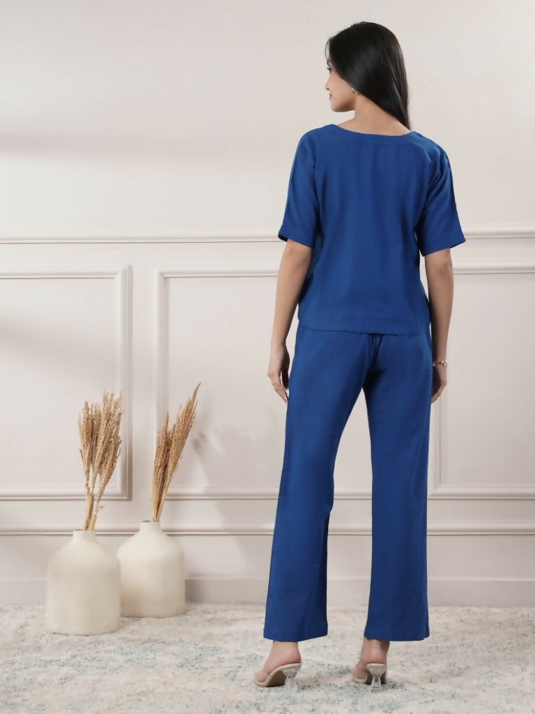 Joban Fashion Women's Royal Blue Co-Ord Set V Neck - Swadesiicart