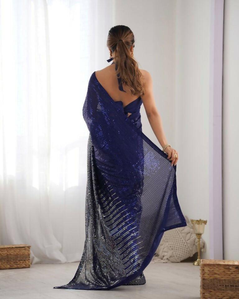 Blue Georgette Designer Sequence Embroidery Work Saree - Sitare