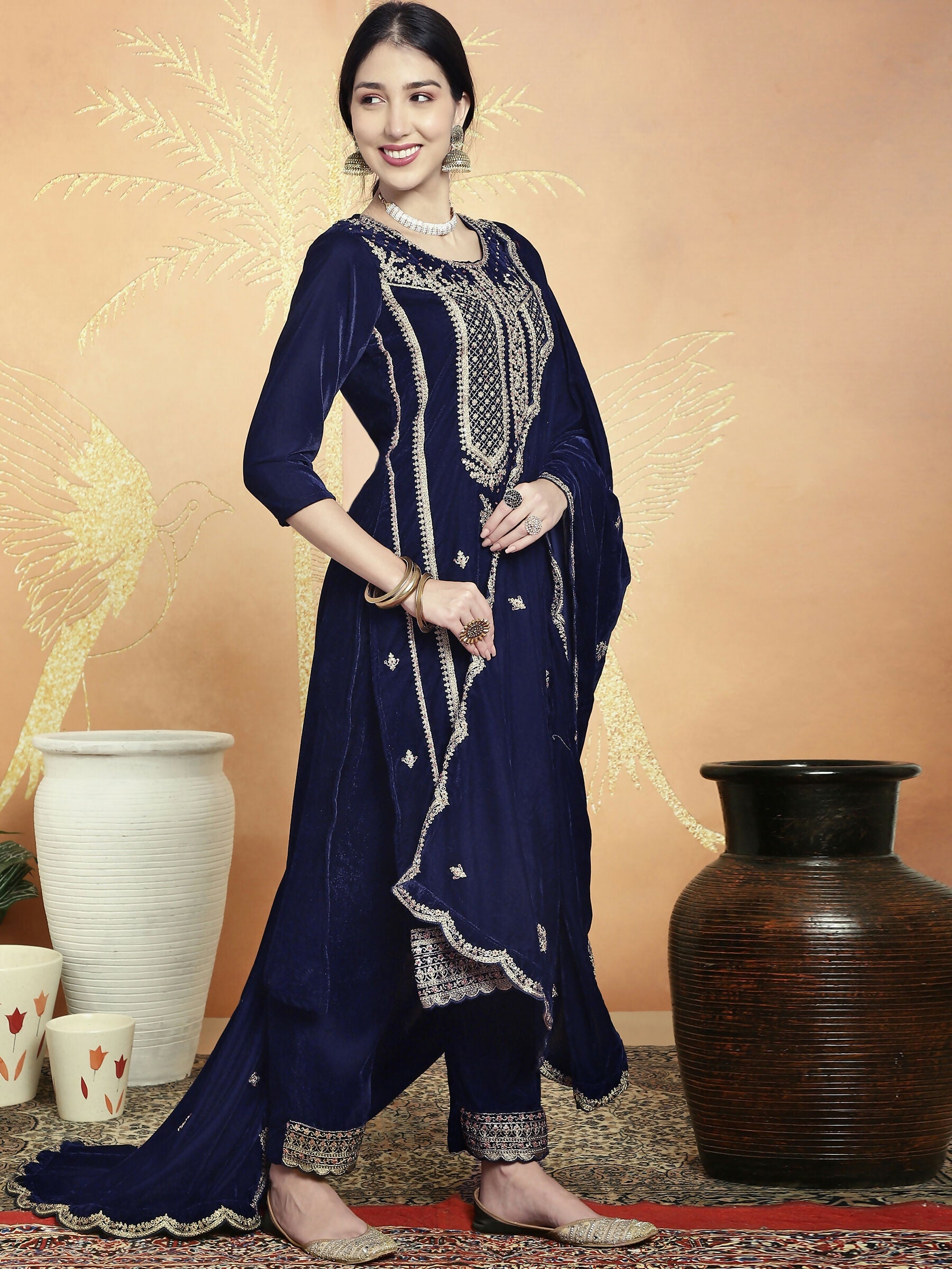 Jyoti Fashion Women's Navy Blue Velvet Cording with Resham Thread & Sequin Kurta with Trouser & Dupatta | Swadesiicart