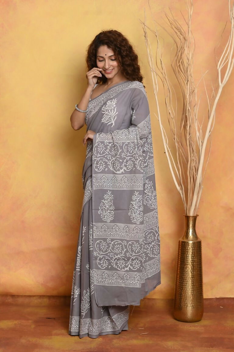 Very Much Indian Handblock Printed Cotton Saree With Natural Dyes - Grey | Swadesiicart