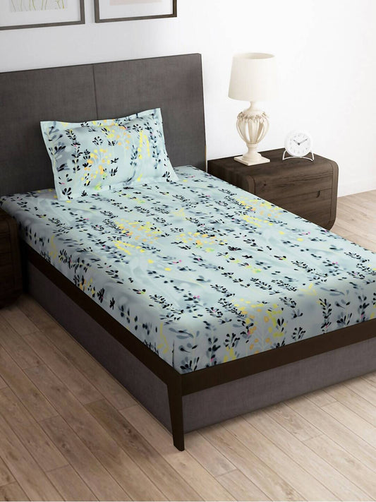 Story@home Arena Grey & Blue Floral Printed 180 TC Bedsheet & Pillow Covers - Swadesiicart