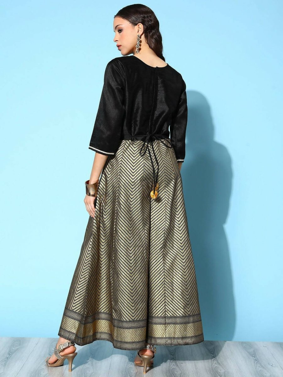 Ahalyaa Womens Black Poly Silk Gold Printed Jumpsuit - Swadesiicart