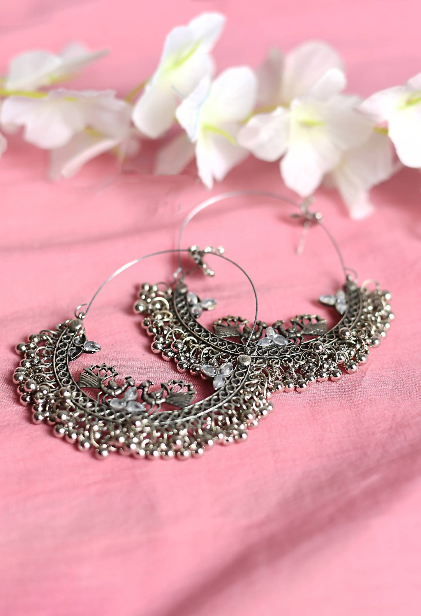 Mominos Fashion Johar Kamal Silver Peacock Design Chandbali Earrings - Swadesiicart