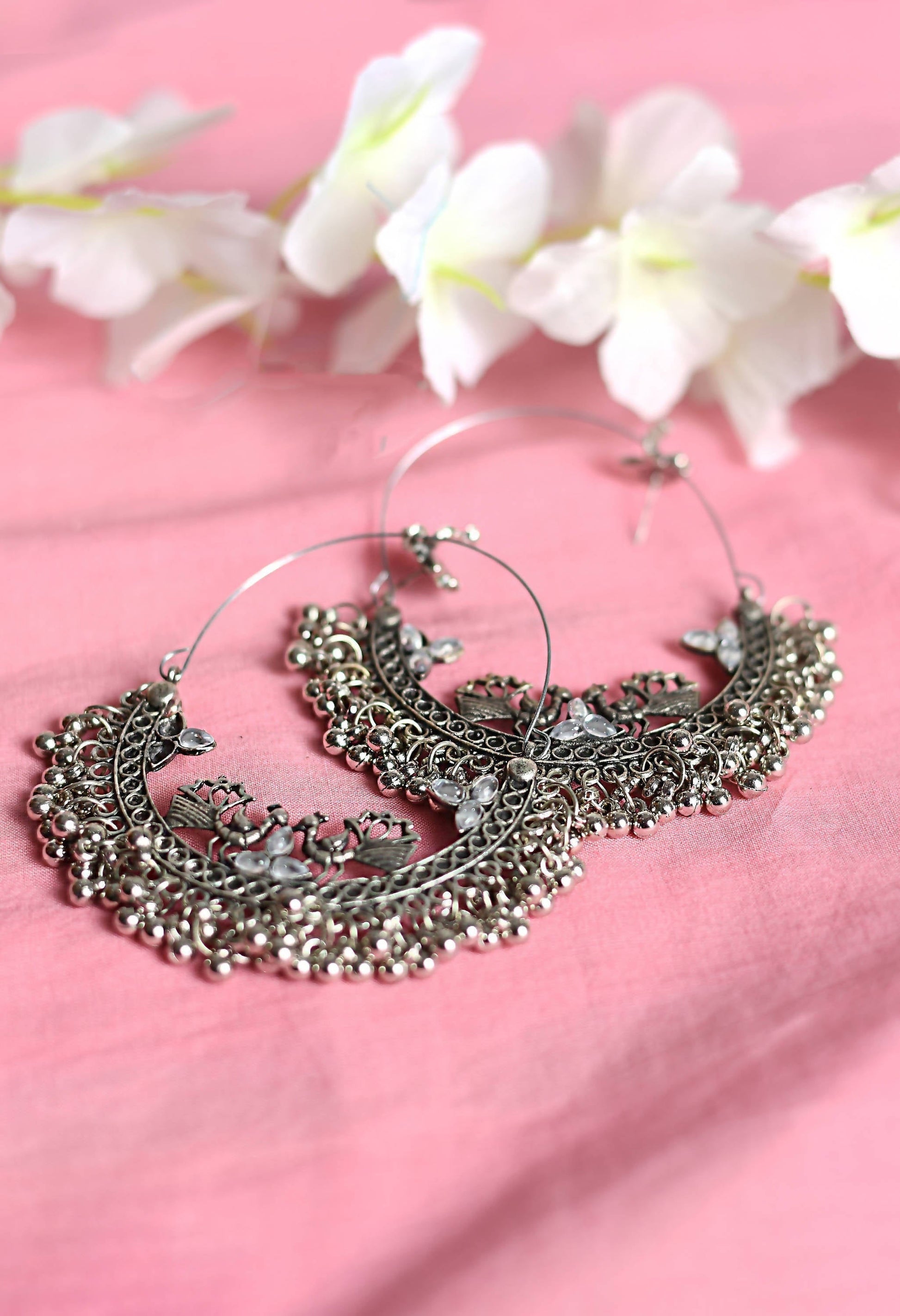 Mominos Fashion Johar Kamal Silver Peacock Design Chandbali Earrings - Swadesiicart