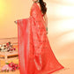 Joban Fashion Peach & Red Plain With Weaving Border Banarasi Silk Sarees | Swadesiicart