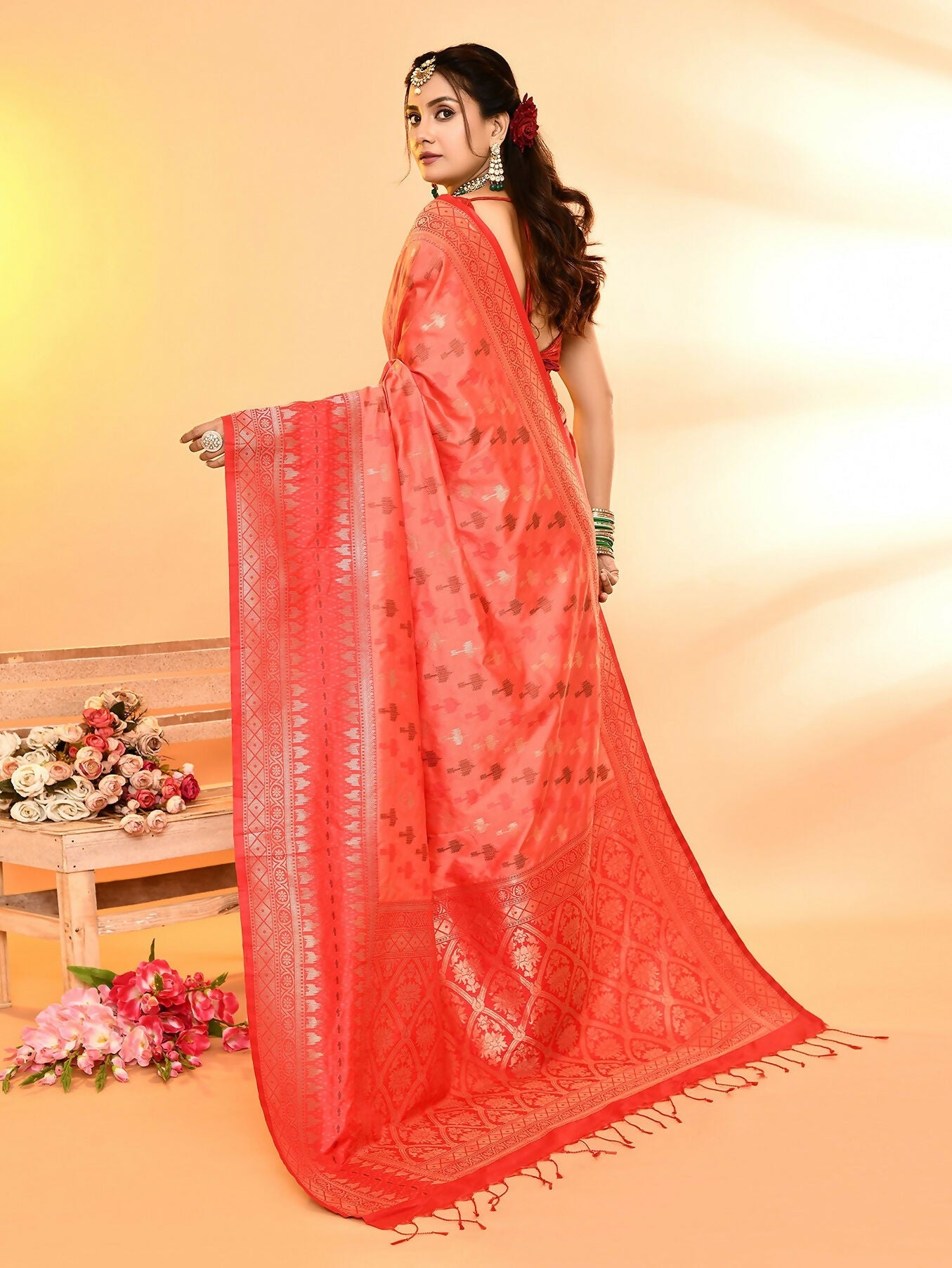 Joban Fashion Peach & Red Plain With Weaving Border Banarasi Silk Sarees | Swadesiicart