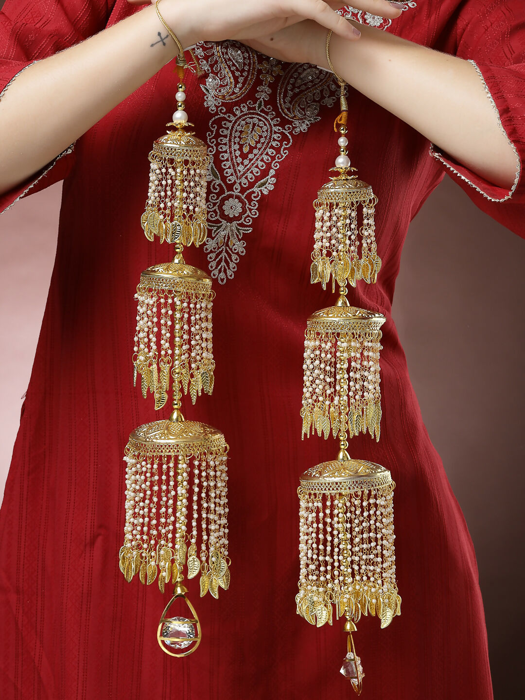 NVR Women's Pack Of 2 Gold-Polished & White Pearl Beaded Bridal Layered Heavy Kaleera Sets - Swadesiicart